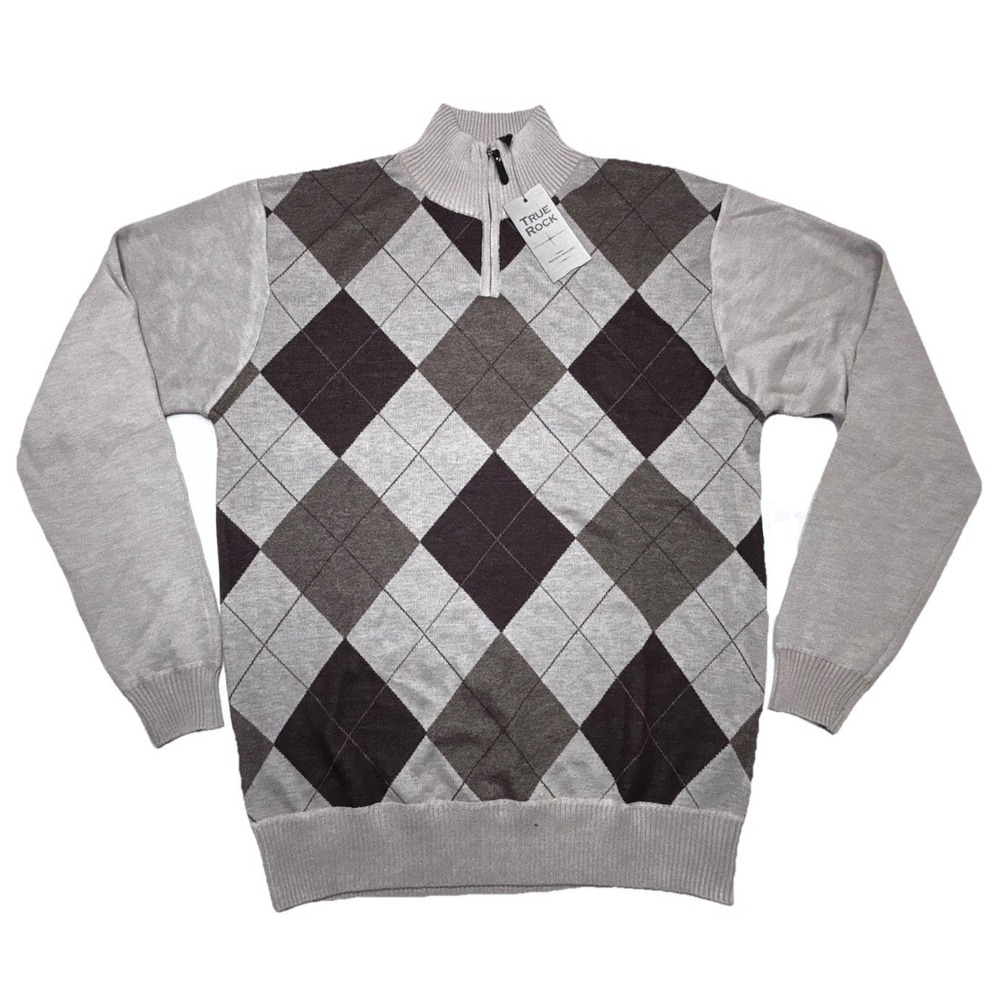 True Rock Argyle Quarter Zip Sweater‎ Pullover XXL Gray Brown Knit Cotton Blend